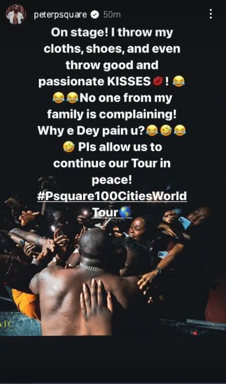 
“My family isn’t complaining” Peter Okoye reacts to backlash for passionately kissing a female fan 