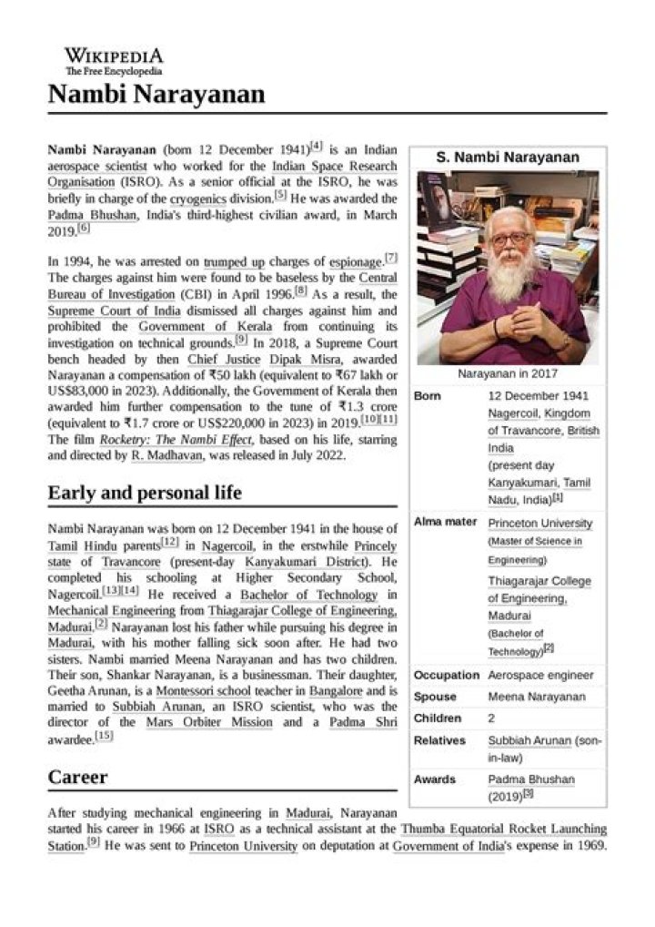 
Nambi Narayanan Height, Weight, Net Worth, Age, Birthday, Wikipedia, Who, Nationality, Biography 